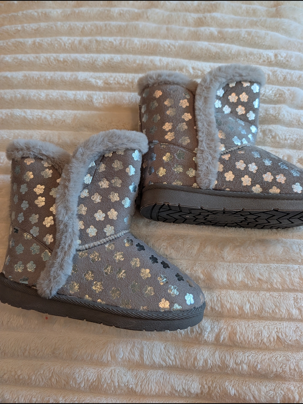 Cozy Kids Gray Faux-Fur Winter Boots with Metallic Flower Detail